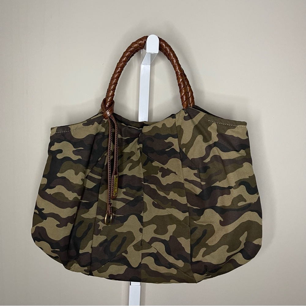 Camouflage Print Shoulder Bag with Braided Handles